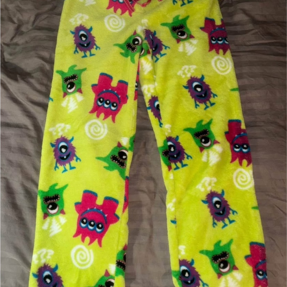 Fuzzy Yellow/Green Monster Print Pyjama Pants by Bluenotes - Picture 1 of 3